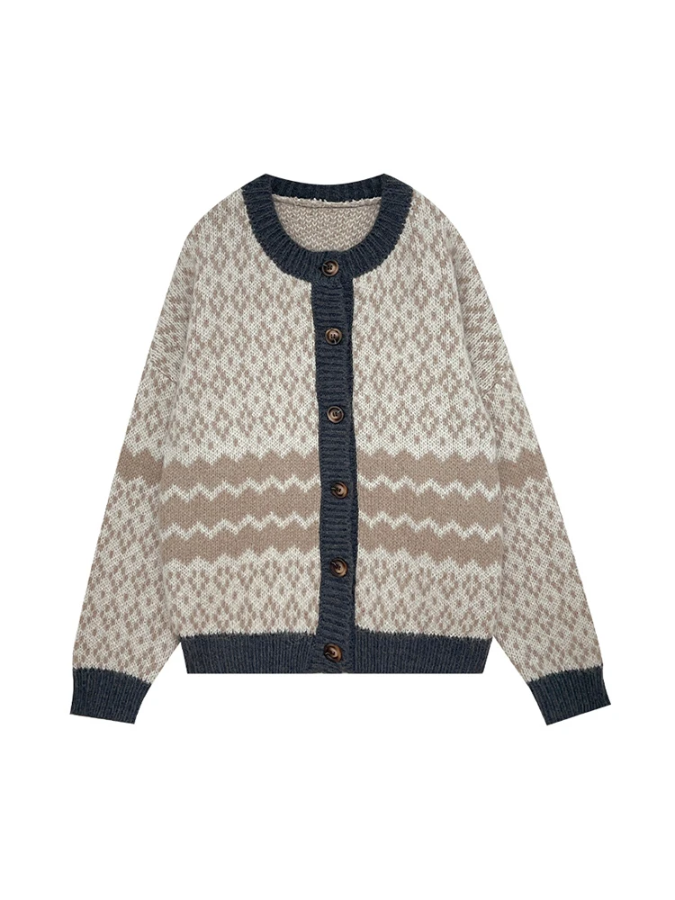 

2022 Autumn Winter Women Retro Print Knitwear Classic Crew-neck Knit Cardigan Outer Female Vintage Sweater Harajuku Patchwork