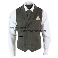 vests for men with lapel double breasted herringbone tweed slim fit business waistcoat homme gilet mens formal vest