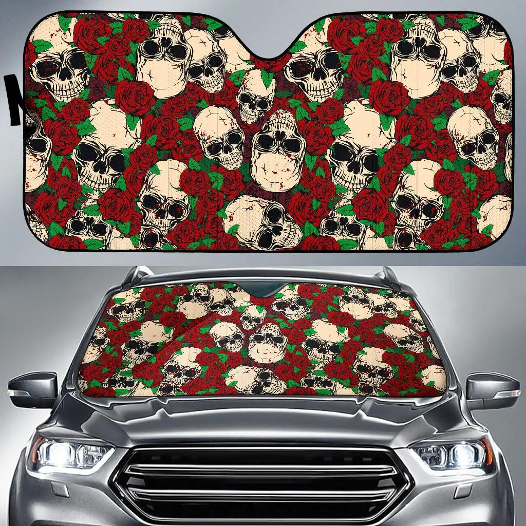 

Red Rose Skull Pattern Print Car Sun Shade
