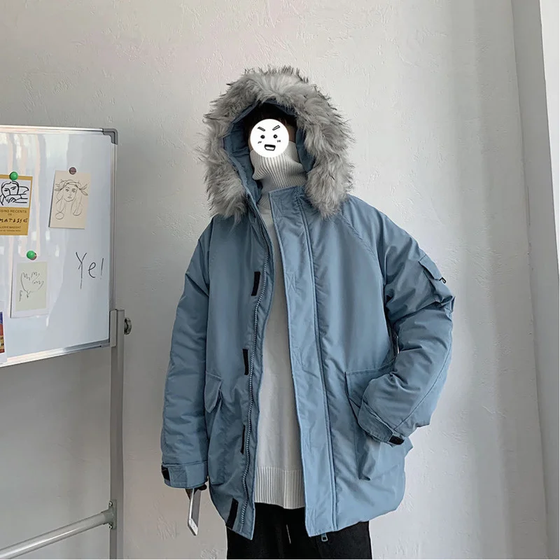 

Jacket Men Warm Fashion 3 Colors Winter Casual Fur Collar Hooded Thick Jacket Men Streetwear Loose Short Coat Mens Parker M-2XL