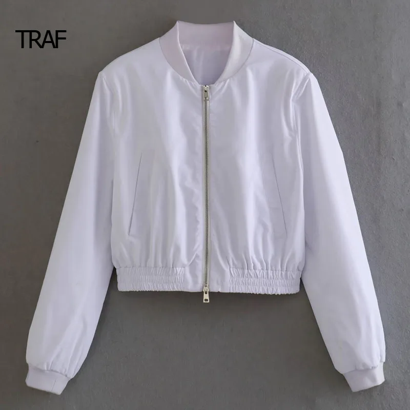 

TRAF Long Sleeve Bomber Aviator Jacket Loose Zipper Womens Coat 2023 Summer White Vintage Hip Outerwear Streetwear Woman Jacket