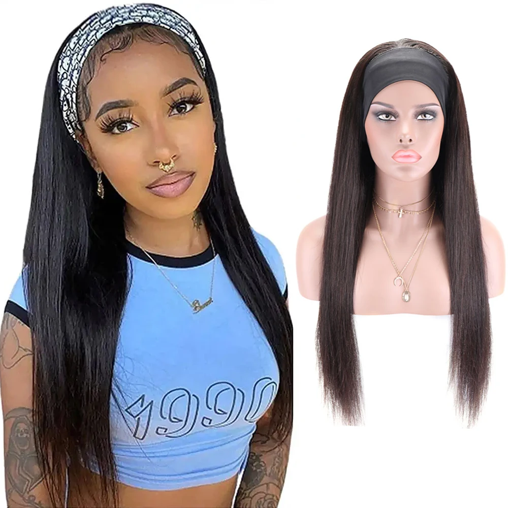 Women's Headband Wig 100%Human Hair Straight Glueless Brazilian Wig for Black Women Full Machine Made Headband Wig Fast Delivery