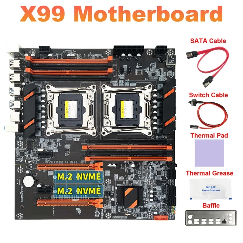 

X99 Motherboard Dual CPU Slot+SATA Cable+Switch Cable+Baffle+Thermal Grease+Thermal Pad Support 2011-V3 CPU Motherboard