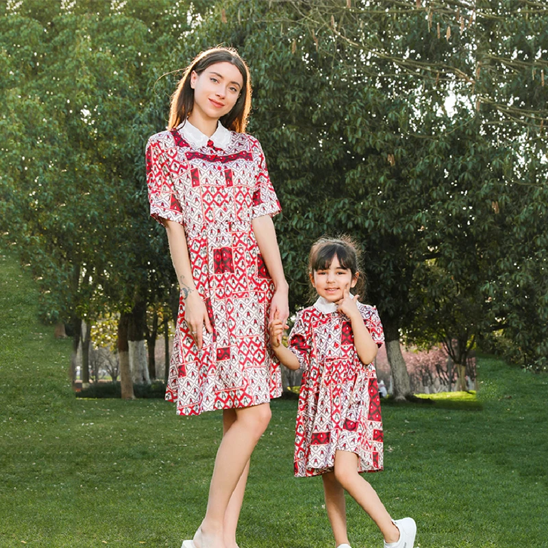 

Ethnic Style Mom Daughter Short Sleeve Shirt Dress Turn-down Collar Family Matching Clothing Set Mommy and Me Clothes