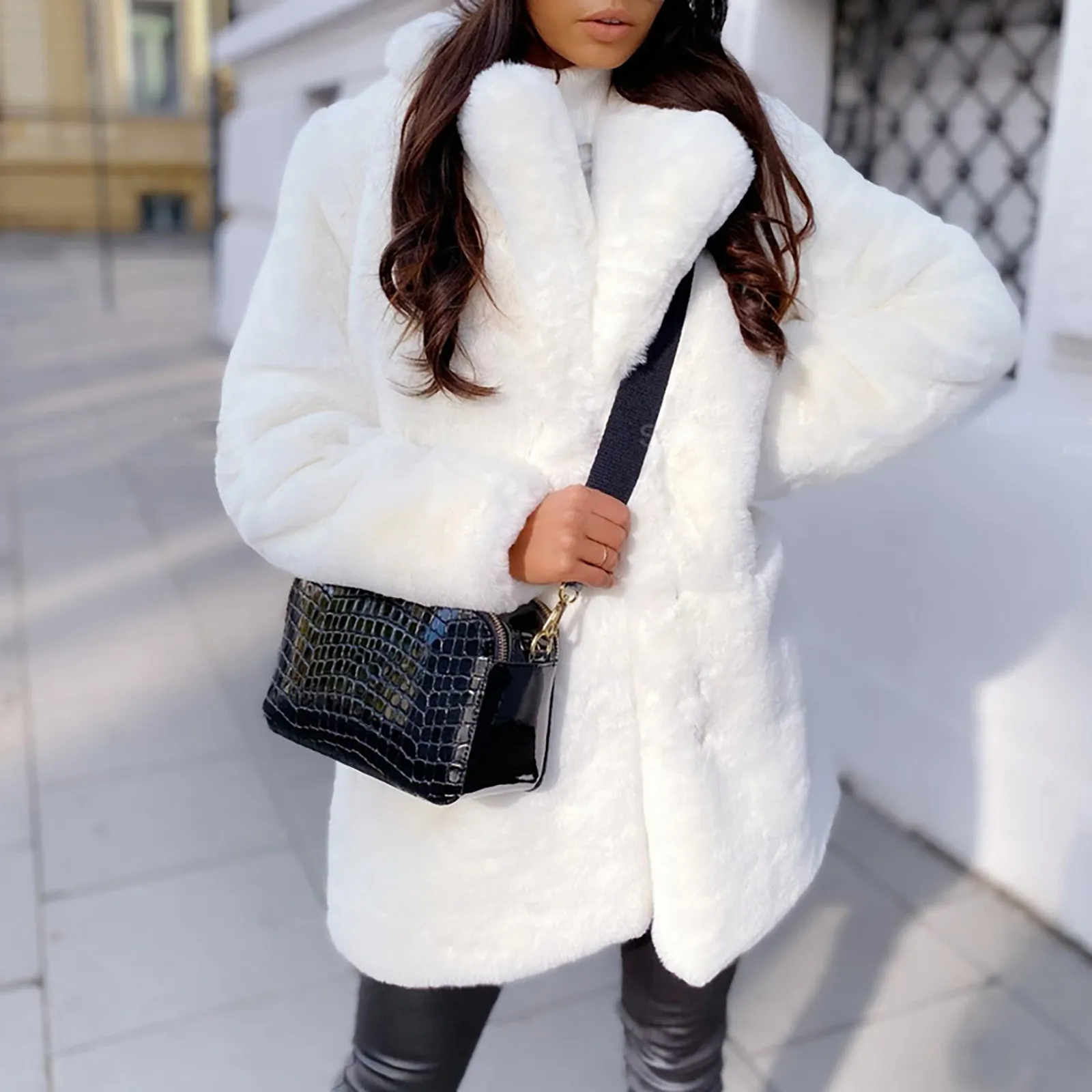 red Women Warm Luxury Faux fur Trench Coat Warm  Solid h Long Sleeve Lapel Jacket Cardigan Pockets Fleece Furry