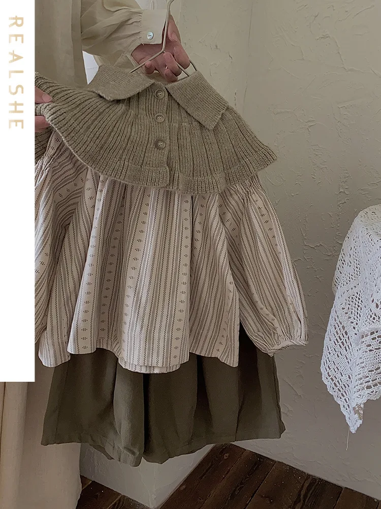 

Sweet Girls Suits Autumn Baby Long Sleeve Striped Shirt+Solid Knitted Shawel+Loose Wide Leg Pants 3Pcs Sets Kids Fashion Clothes