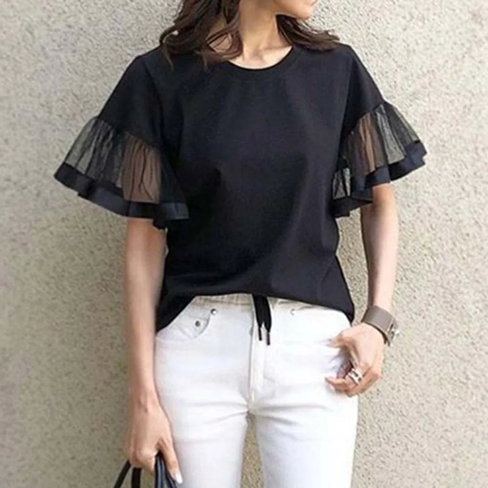 

Women Fashion Chic T-Shirt Short Sleeve Pullover Trumpet Sleeve Patchwork Round Neck Lady T-shirt Spring Summer Casual Clothing