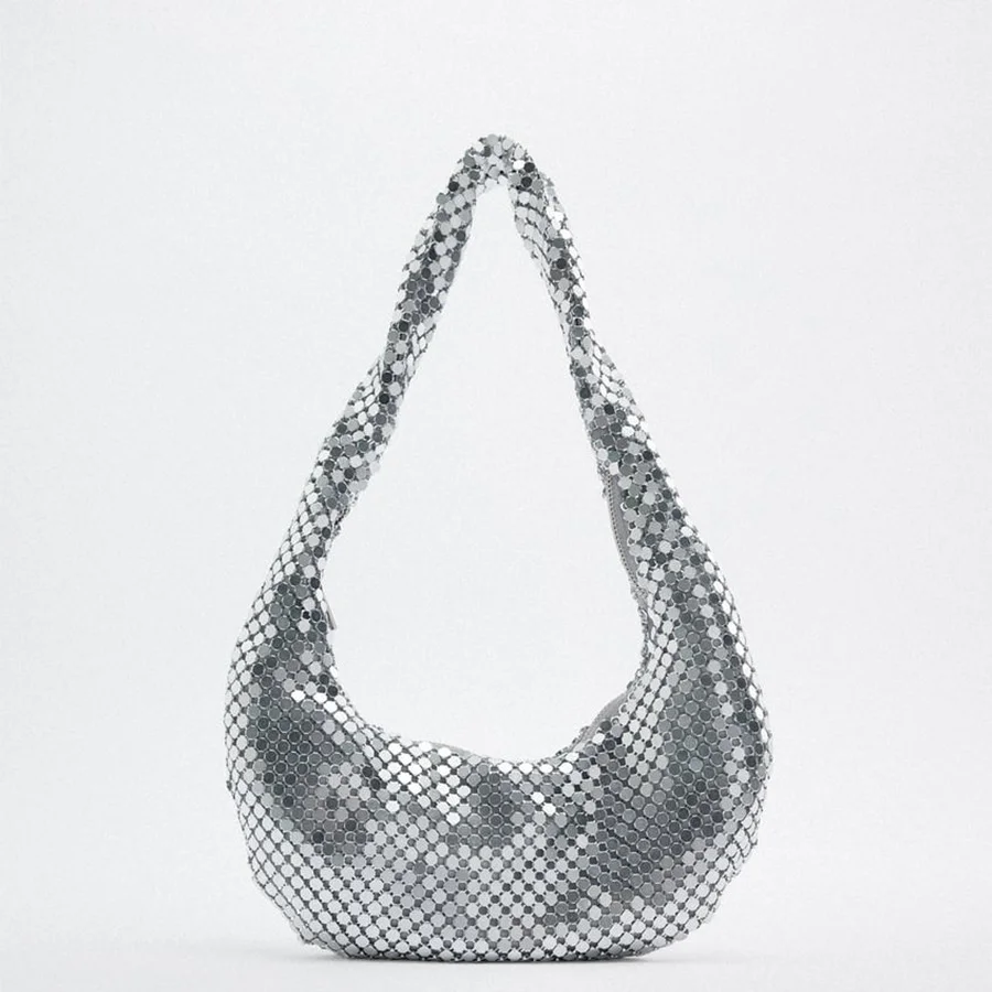 

Luxury Women Bags Designer Silver Metal Sequins Handbag Chain Woven Bag Evening Bags Clutch Female Holiday Shoulder Bag Purse