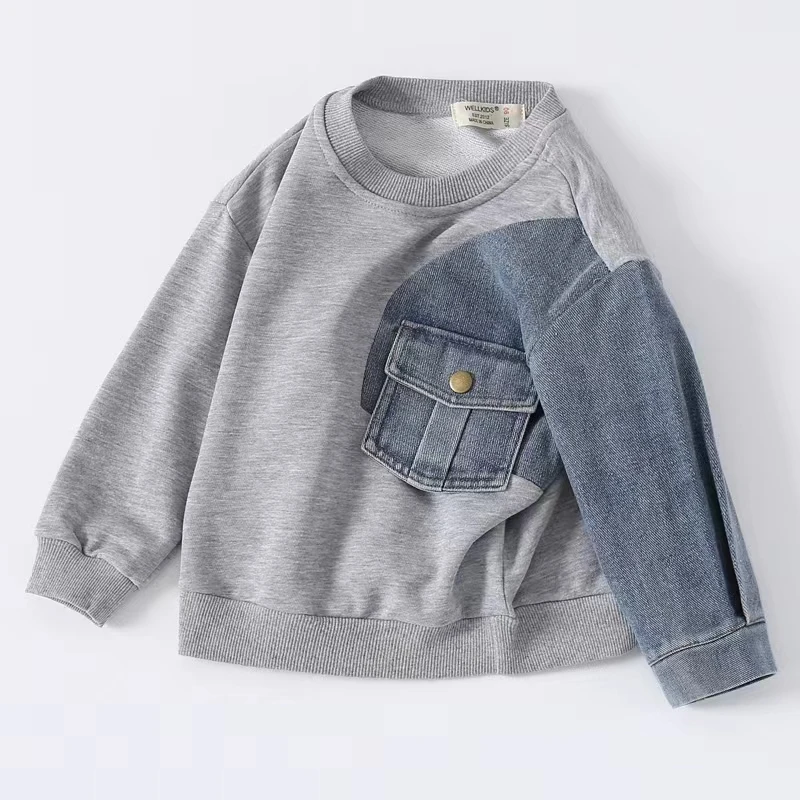 

2022 Autumn New Fashion Children Sweatshirt for Kids Boys Baby Long Sleeve Clothes Boy Street Style Denim Patchwork Tops FY09221