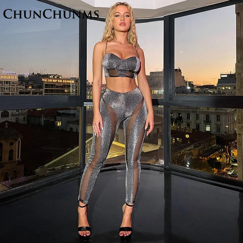 

Spice Girl Bright Silk Gauze Splicing Chest Top High Waist Tight Legging Two Piece Sport Yoga Tracksuit Lifting Hip Trouser Suit