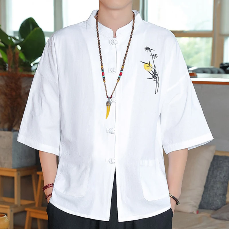 

Рубашка Мужская льняная с вышивкой, повседневный костюм Тан с коротким рукавом, футболка с вышивкой в китайском стиле