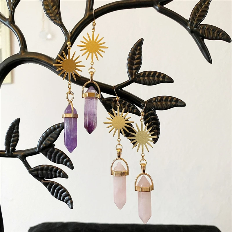 

Goddess Crystal, Moonstone Pendant Golden Sun Earrings, Crystal Earrings, Boho Earrings, Jewelry Women Creative Gifts