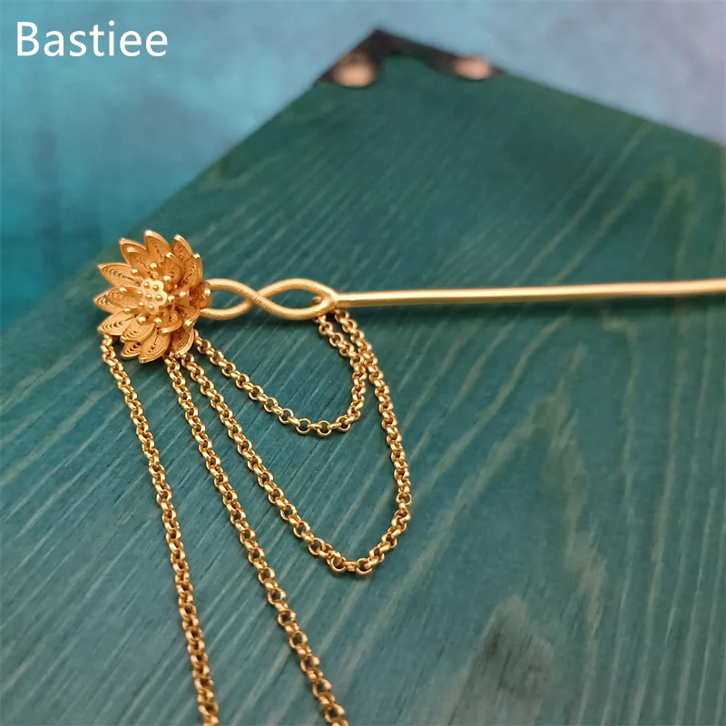 

Bastiee 999 Sterling Silver Gilded Hairpin Miao Handmade Hanfu Cheongsam Wedding Ancient Palace Lotus Hair Accessories