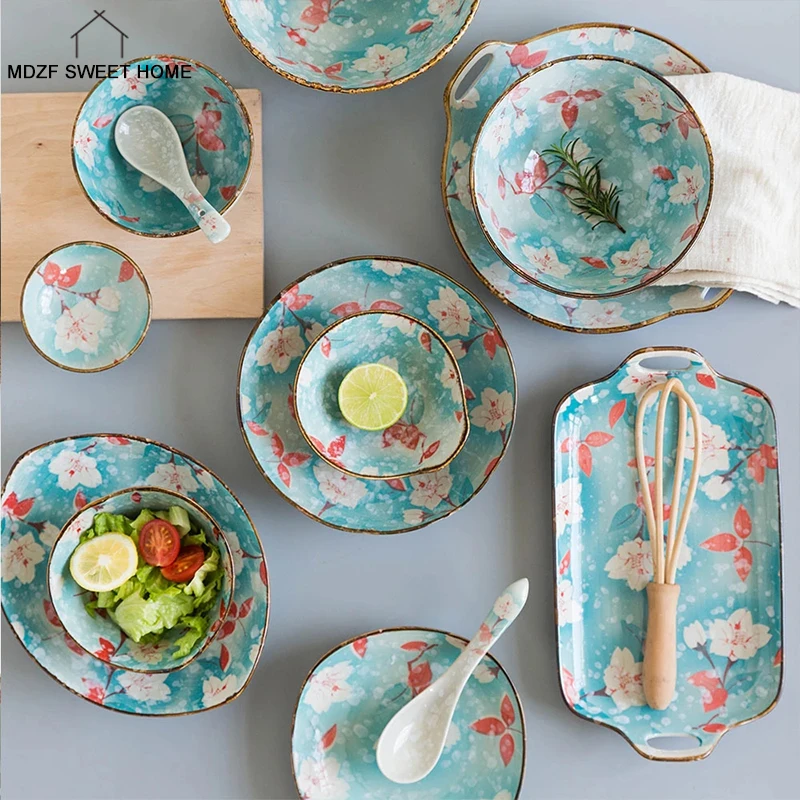 

Japanese ceramic plate to roll sushi, salad, steak,serving plate, sauce, hand painted plate, flower, cutlery, safe microwave set