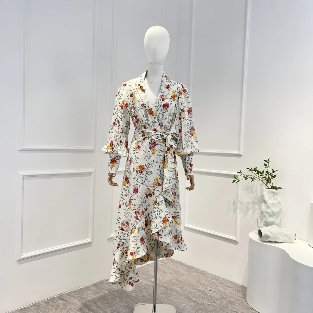 

Женское платье-миди с цветочным принтом, весеннее элегантное платье с запахом, оборками и цветочным принтом, 2023