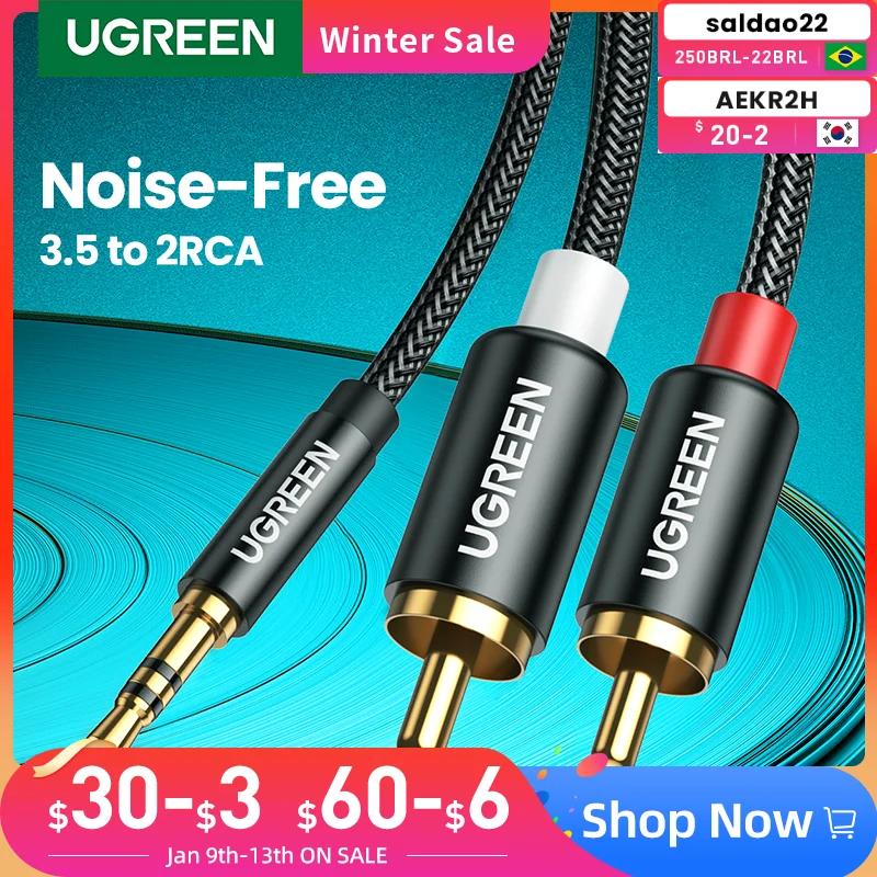 

Аудиокабель UGREEN 3,5 мм на 2RCA в нейлоновой оплетке, дополнительный адаптер стерео Y разделительный шнур для смартфонов, колонок, планшетов, HDTV, ...