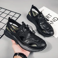 men summer fashion handmade slipper breathable pu leather joined mesh colth casual sandal male outdoor hollow comfy leisure shoe