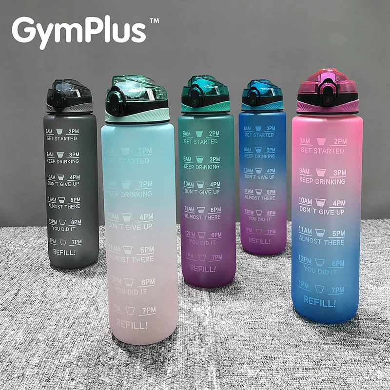 

GymPlus 1L 32oz Gradient Color Water cups Outdoor Fitness Sports kettle Silicone Bouncing Straw No BPA-Free Health Drink Flask
