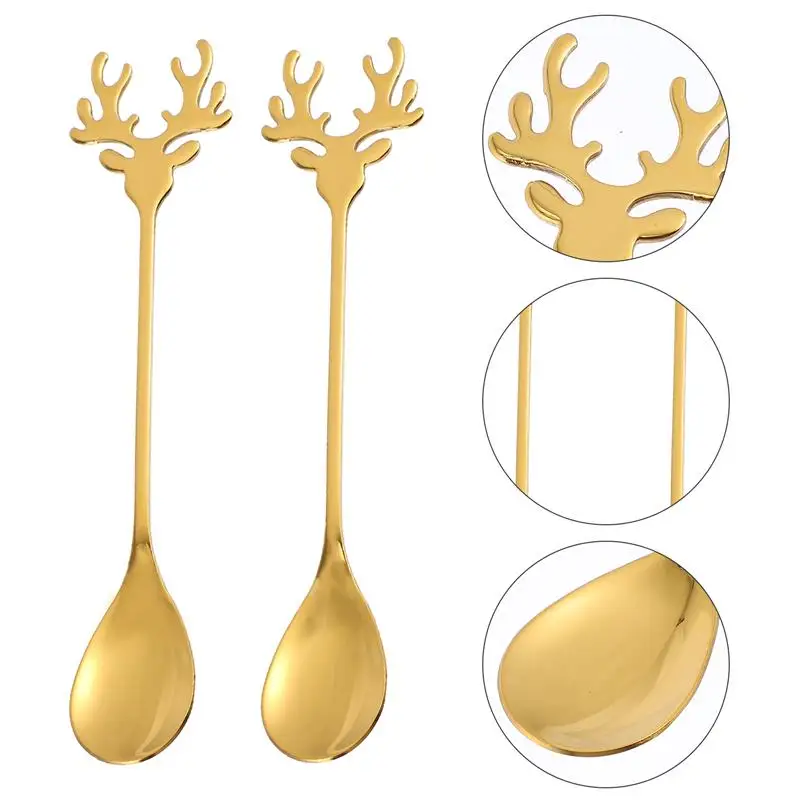 

2pcs Stainless Steel Coffee Spoons Elk-shaped Stirring Spoons Christmas Spoons