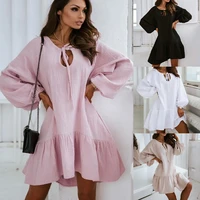 solid color lace up loose dress hot selling womens pure linen sweetheart neckline dress new loose autumn long sleeve dress