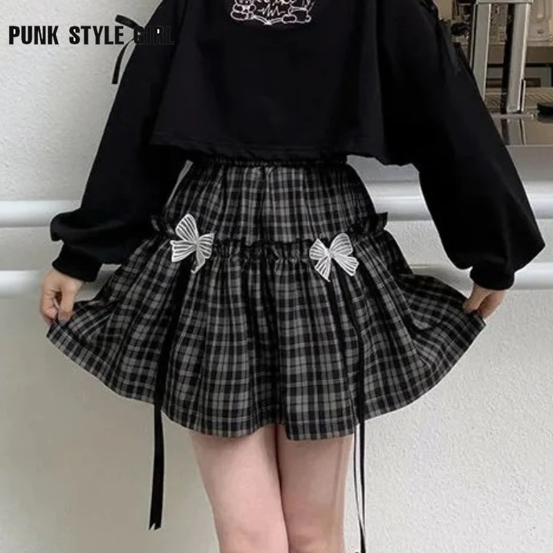 

Kawaii Lolita Plaid Skirt Women 2000s Goth Bow Black High Waist Mini Skirts Korean Japanese Preppy Sweet Harajuku E Girl Skater