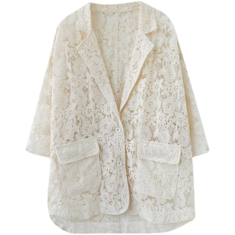 New Oversized 3/4 Sleeve See Through Lace Blazer Women Summer 2022 Ladies Casual Loose Fashion Floral Transparent Top Shirt