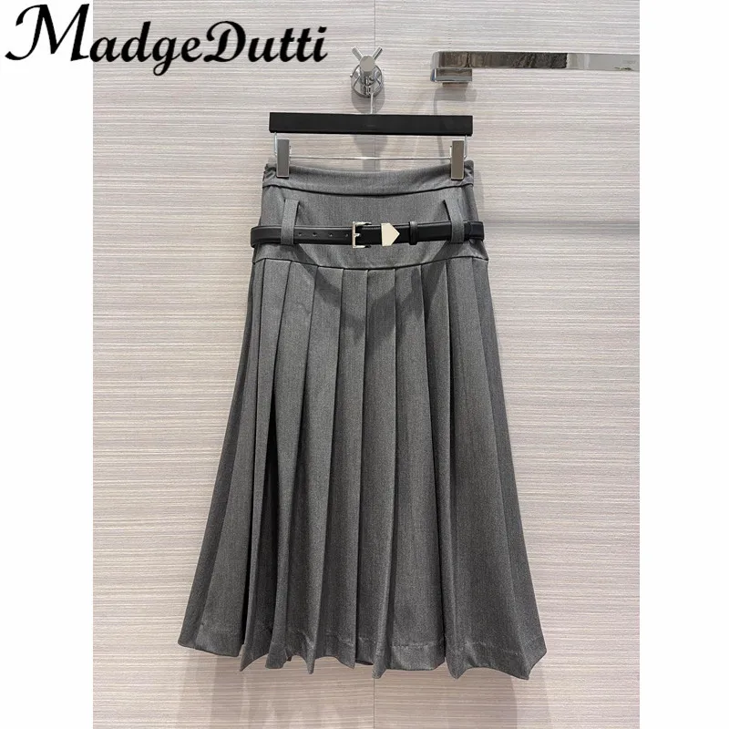 

10.16 MadgeDutti Luxury Temperament High Waist Letter Belt Design Pleated Midi SKirt Women