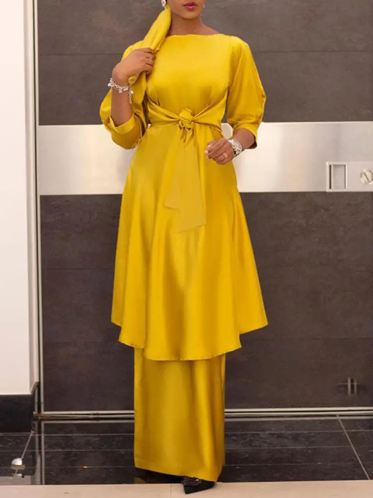 

VONDA 2022 Elegant Sets Women Long Blouse Tunic Skirt Set 3/4 Sleeve Belted Satin Faldas Saia With High Waist Long Jupe Suits