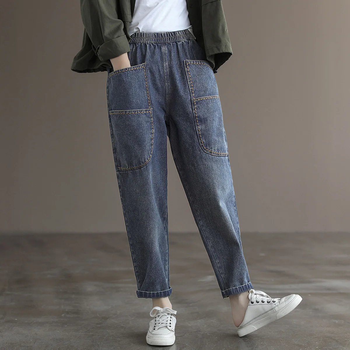 Женские джинсы в офисном стиле свободные Выбеленные джинсовые шаровары с