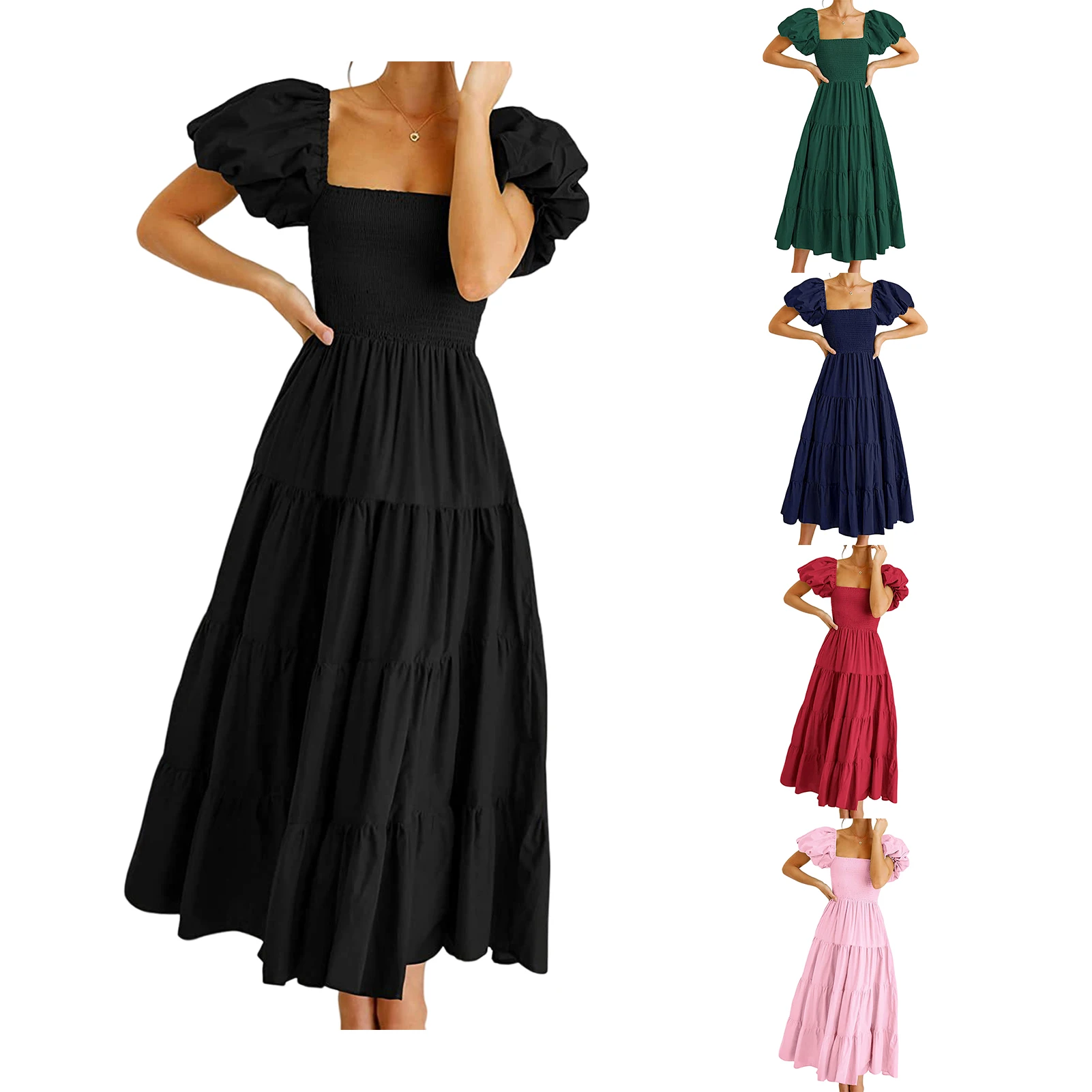 

Women Casual Dress Short Sleeve Square Neck Maxi Dress Puffy Long Bodycon Dress Smocked Tiered Solid Color for Holiday Shopping