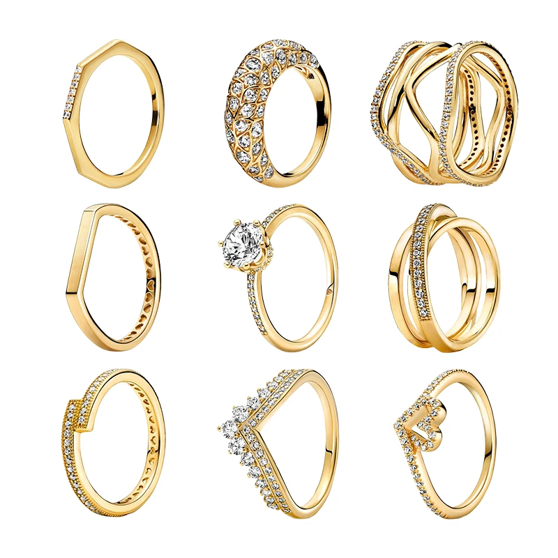 

18K Shine Gold Couple Rings For Women Fine Jewelry Swirl Bar Crown Solitaire Crossover Triple Band Overlapping Wish Tiara Hearts