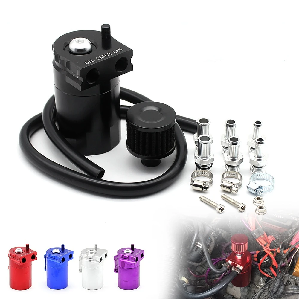 

Oil Catch Reservoir Breather Can Tank +Filter Kit Cylinder Aluminum Engine Black