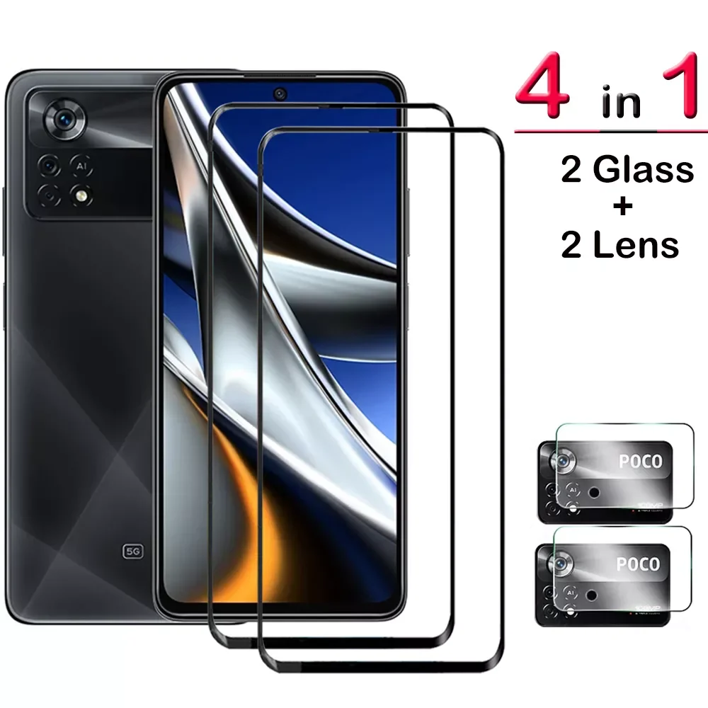 

4 in 1 9D Full Cover Protective Glass for Xiaomi Poco X4 Pro 5G Tempered Protector Camera Lens Film on Poco M4 Pro 5G