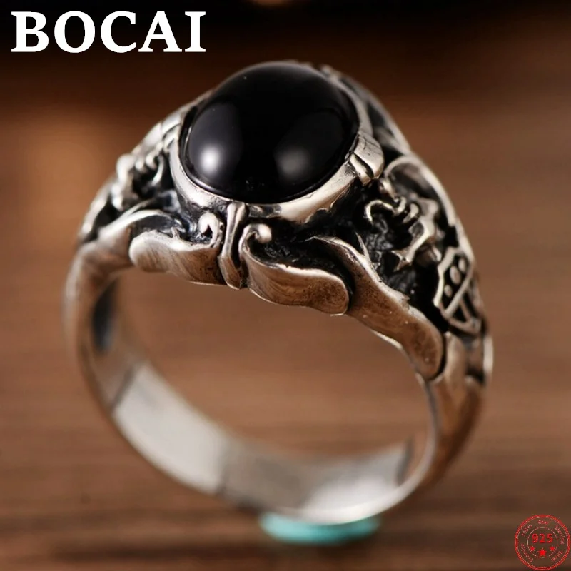 

BOCAI S925 Sterling Silver Rings 2022 New Fashion Retro Old Totem Agate Solid Pure Argentum Viking Jewelry for Men Women