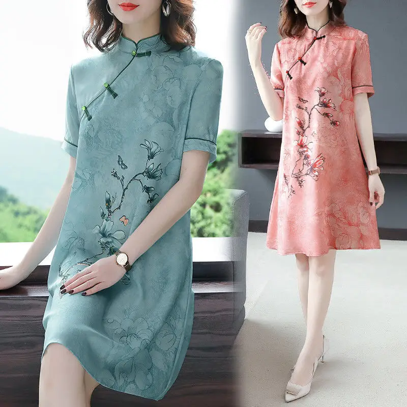 

Fashion Chinese National Clothes Women Summer Cheongsam Short Dress Retro Printed Qipao Elegant Lady Summer Casual Dress A-Line