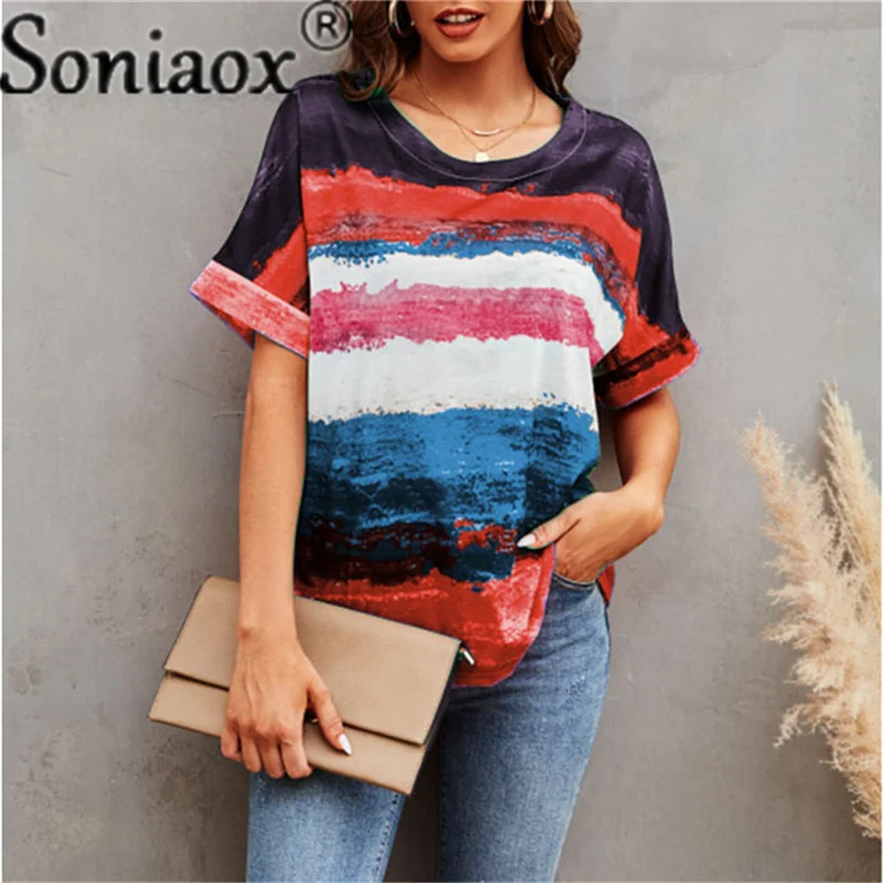 Купи 2022 Summer New Women Casual T Shirt Gradient Stripe Print Female Short Sleeve Top Oversized Loose Ladies Streetwear Vintage Tee за 503 рублей в магазине AliExpress