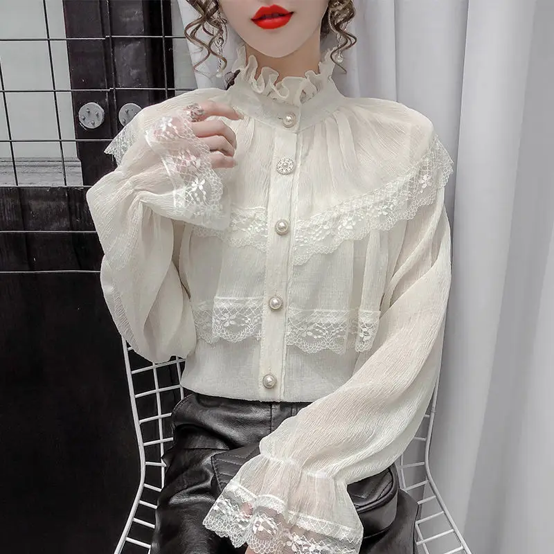 

Solid Patchwork Elegant Blouse Women Spring Lace Designer Chiffon Bouse Female Office Lady Casual French Korean Tops Women 2020