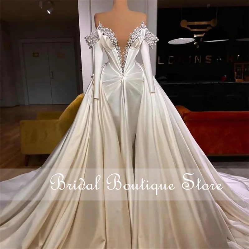 

Luxury Mermaid Wedding Dresses 2023 Detachable Court Train Off Shoulder Crystals Pearls Robe De Mariee Peats Bridal Gowns