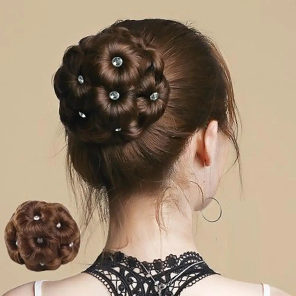 

Elastic Hair Extension 9 Flowers Faux Crystal Synthetic Bun Bridal Donut Chignon