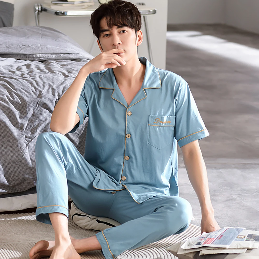 100% Cotton Sleepwear Solid Pijamas Summer Short Sleeve Buttons Sleep Top Elastic Waist Long Pants Casual Breathable Pajama Sets