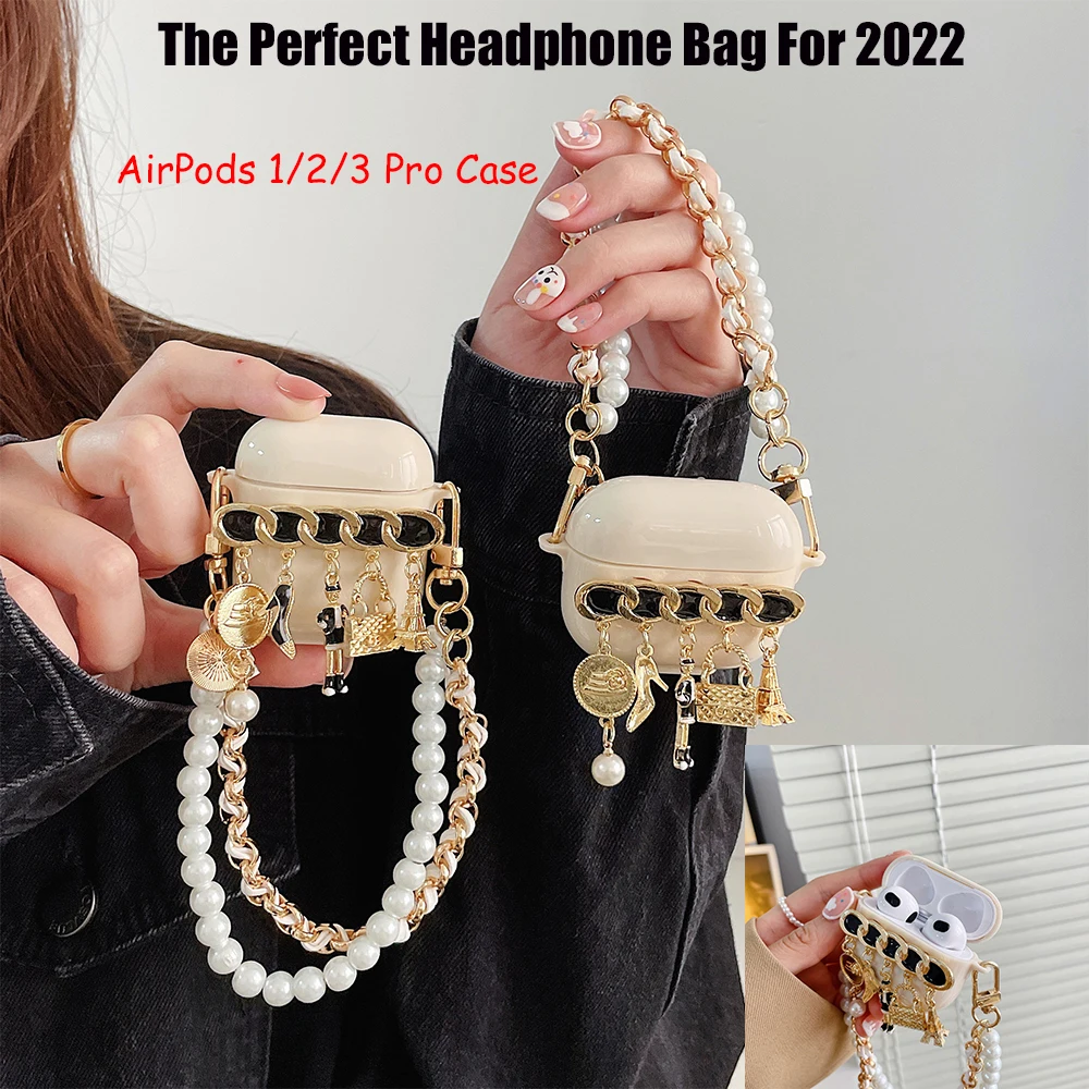 

Korean Luxury Metal Chain Silicone Case For Pro 1 2 Cases Wireless Bluetooth Headphones for Air Pods 3 Stereo Bag Pendan