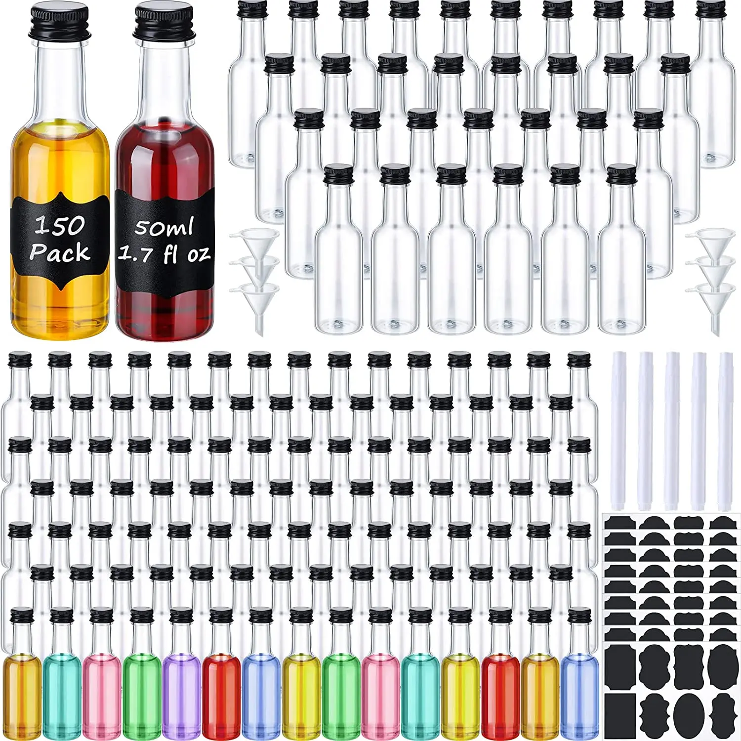 

72/150Pcs 50ml Clear Mini Liquor Bottles Reusable Plastic Empty Spirit Bottle with Black Screw Caps Liquid Funnel Labels