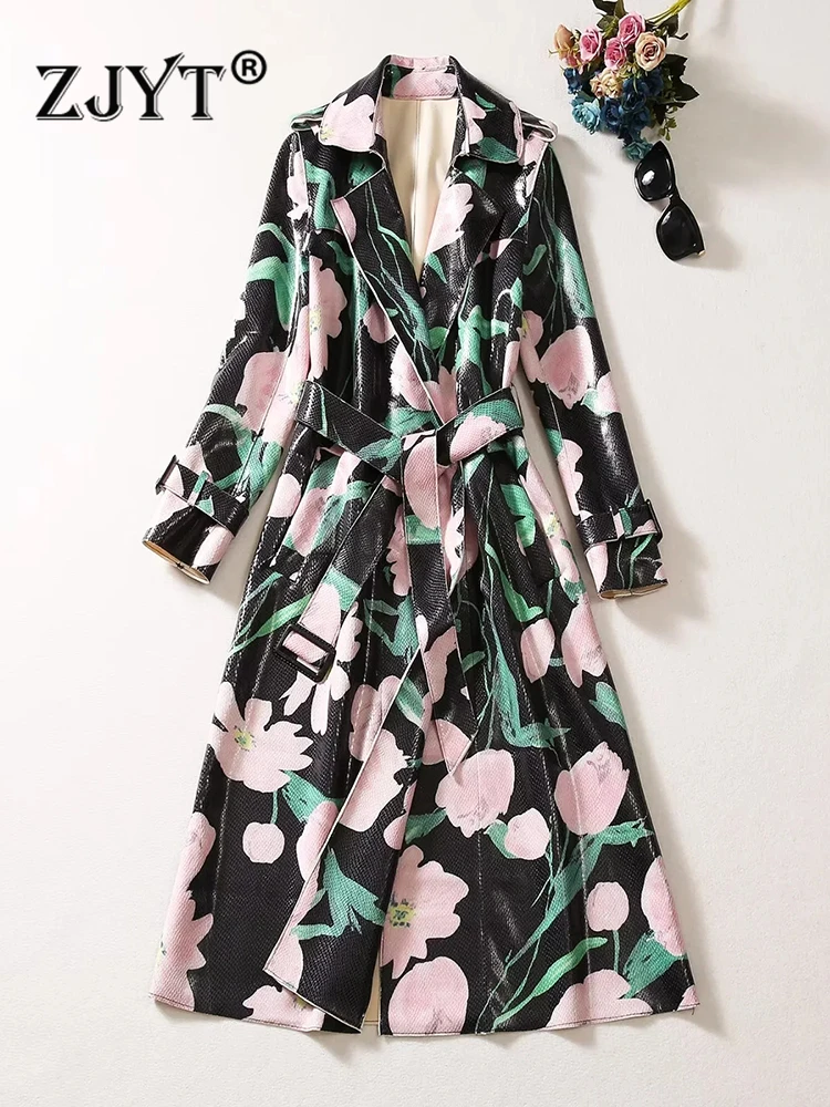 

ZJYT осень-зима искусственная кожа Женская мода 2023 Длинная ветровка с принтом элегантная винтажная Куртка Верхняя одежда