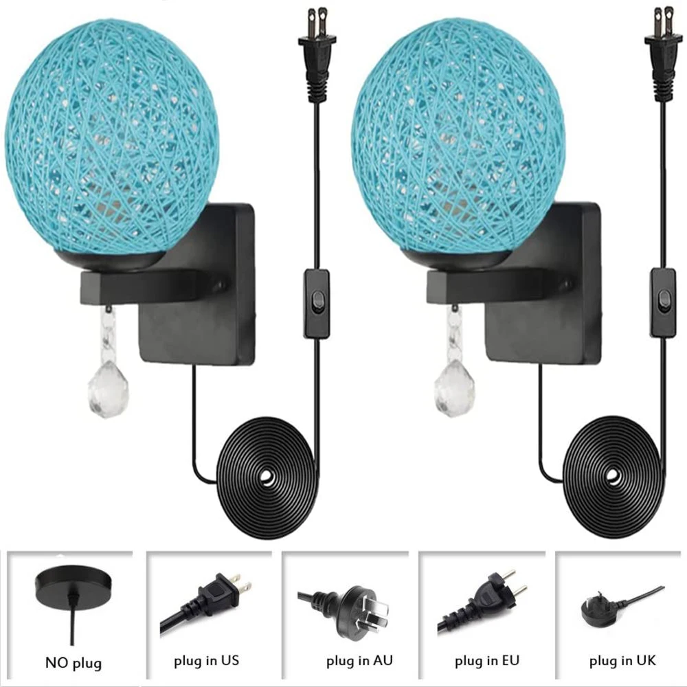 

Настенный светильник в винтажном стиле, простой промышленный светильник с бумажным ротанговым круглым абажуром, синий, настенный, 2 упаковки