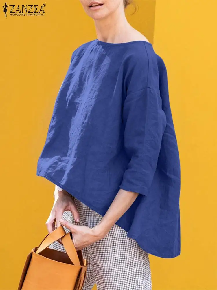 

2022, стильная Осенняя блузка ZANZEA с круглым вырезом и рукавом 3/4, Женская однотонная хлопковая рубашка, блузки оверсайз, рубашка, повседневные ...