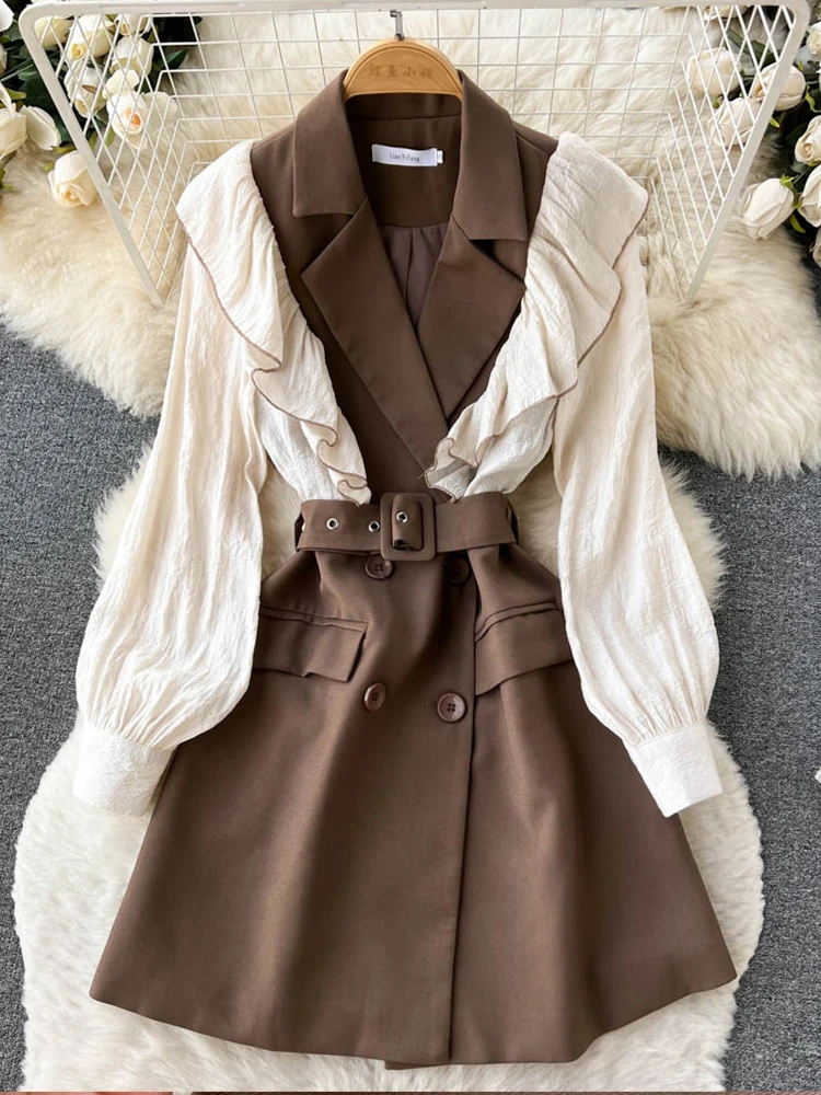 

FTLZZ Autumn Winter Elegant Women V-neck Puff Sleeve Short Dress Office Lady Empire Slim Dress Casual Ruffled Dress with Belt