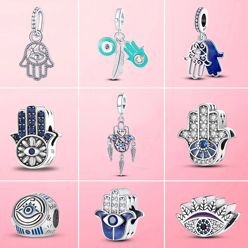 

Original 925 Sterling Silver Hamsa Hand Charms Lucky Blue Eyes Fatima Hand Beads Fit Original Pandora Bracelet Jewelry DIY Gift