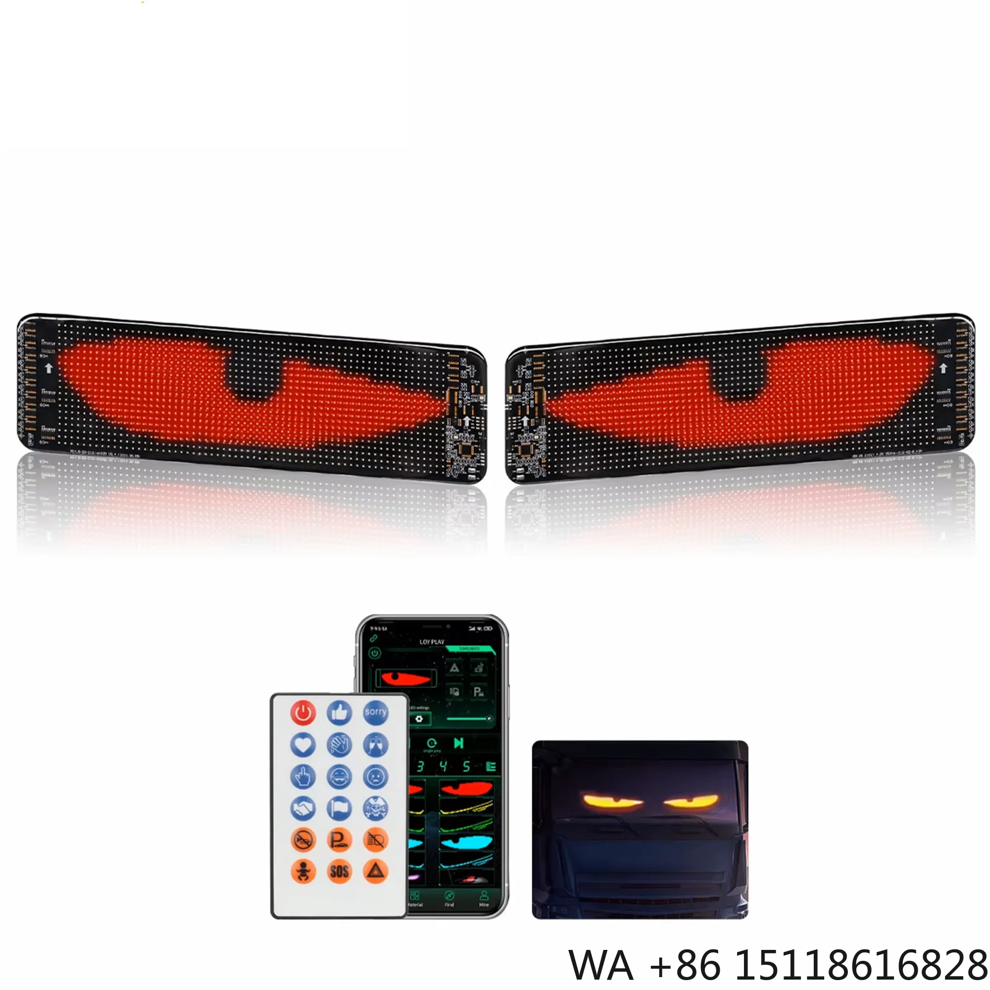 Фото Светодиодная матричная панель 64*20 для автоаксессуаров, программируемая RGB-подсветка с управлением через приложение и пультом ДУ, индикаторы «Дьявольские глазки», светодиодные фонари для грузовиков №1