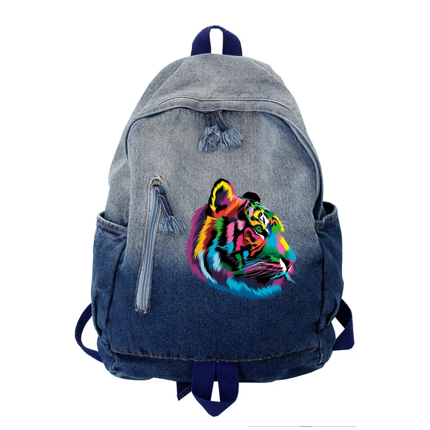 

Funny Tiger Pattern Printed Denim Backpack Ladies Women Men Backpacks Travel Bag Hip Hop Harajuku Backpack Gradient