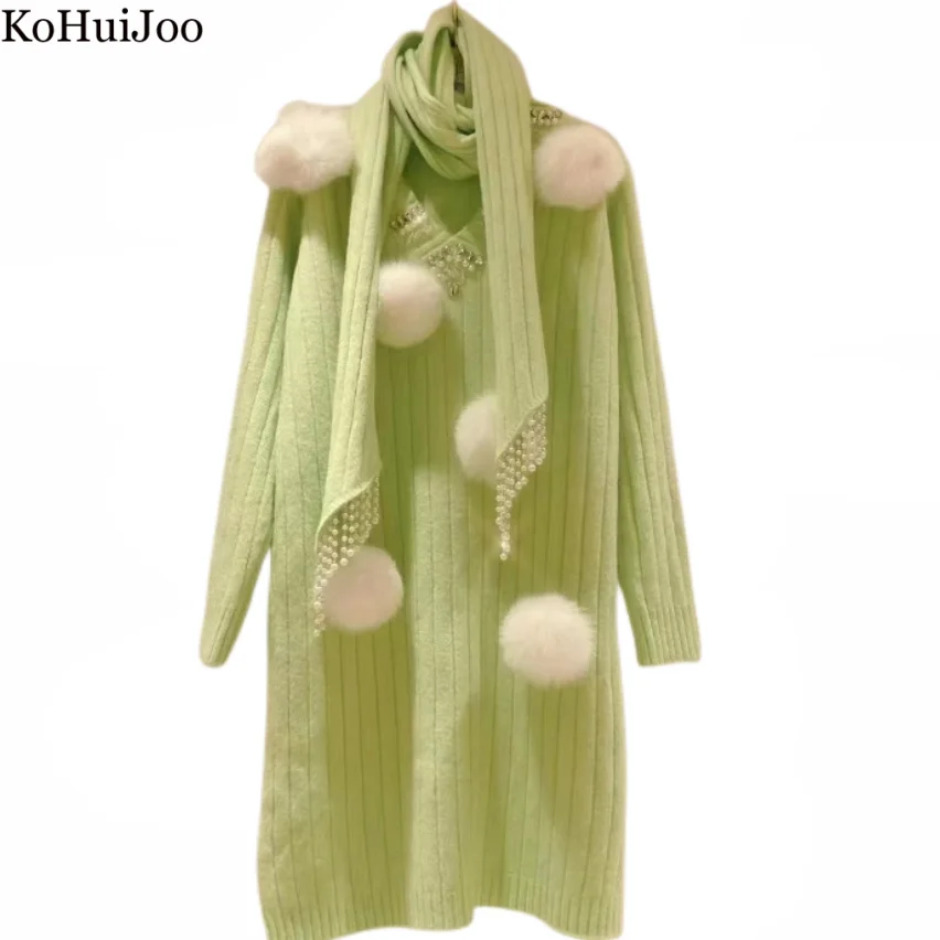 KoHuiJoo Green Sweaters Women Winter New Loose V Neck Beading Rabbit Hair Medium Long Knitting Dress Scarf Tassel Sweater Female